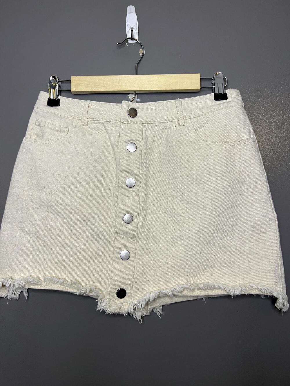 Gilli Skirt Womens Small White Denim Mini Button Front Frayed Hem Pockets Casual